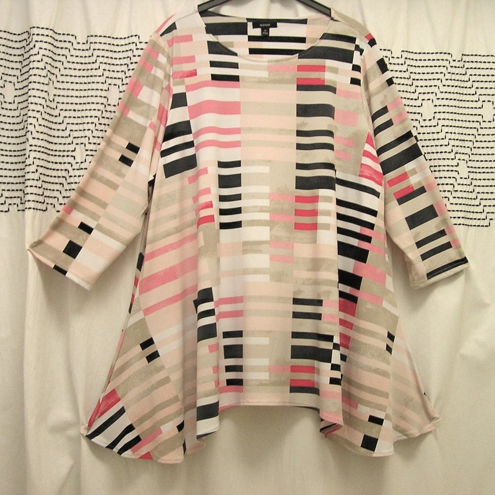 ALFANI Women Swing Tunic white/multi color bars, shark-bite hem, 3/4 sleeves 2X
